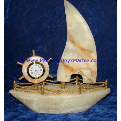 POLISHED WHITE ONYX SHIP SHAPE TABLE CLOCKS